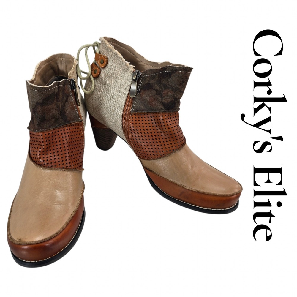 Corkys Elite Rags Boots Women 11 Brown Leather Canvas Mixed Media Boho Ankle Zip
